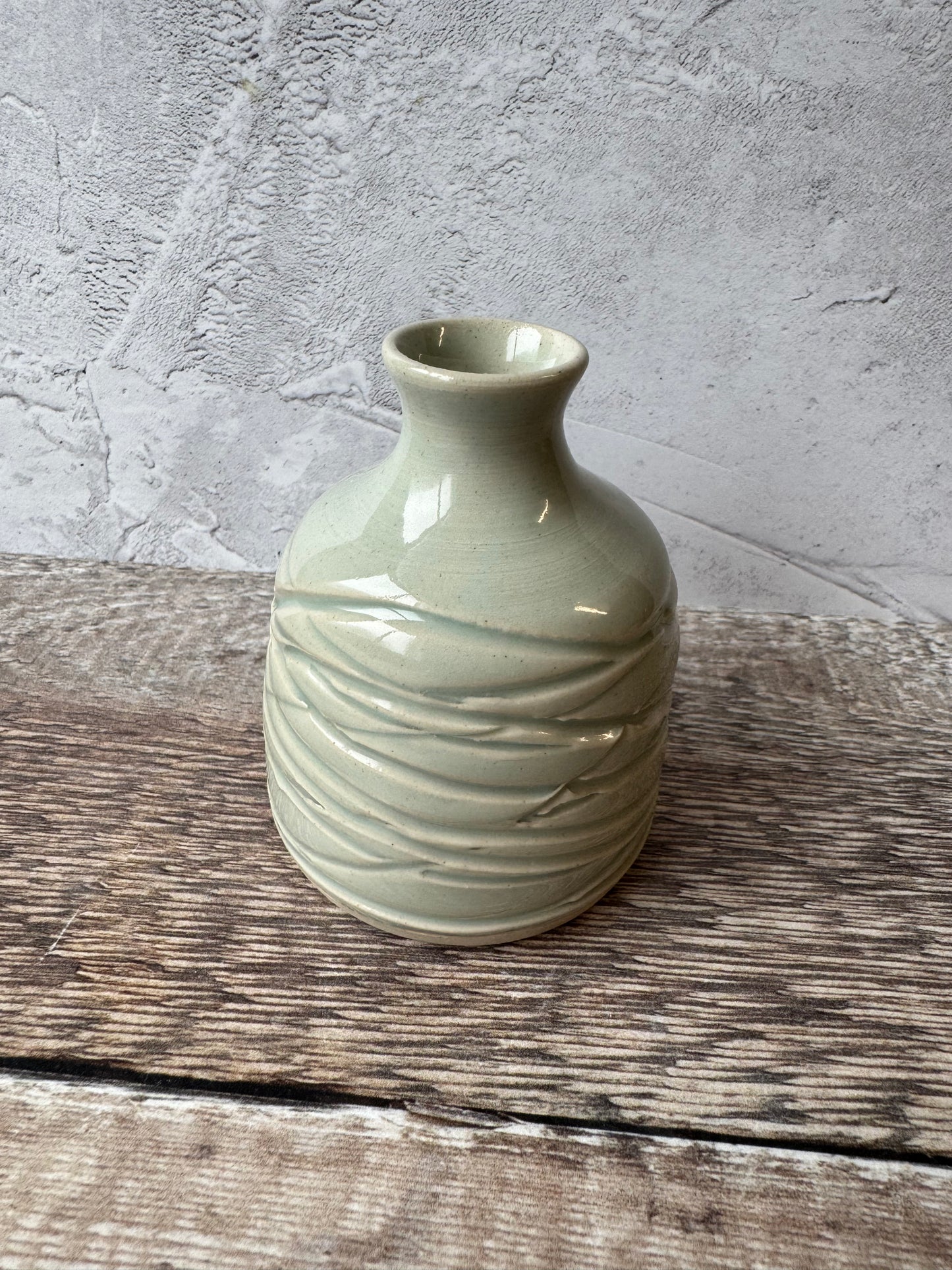 Carved bud vase - Celadon